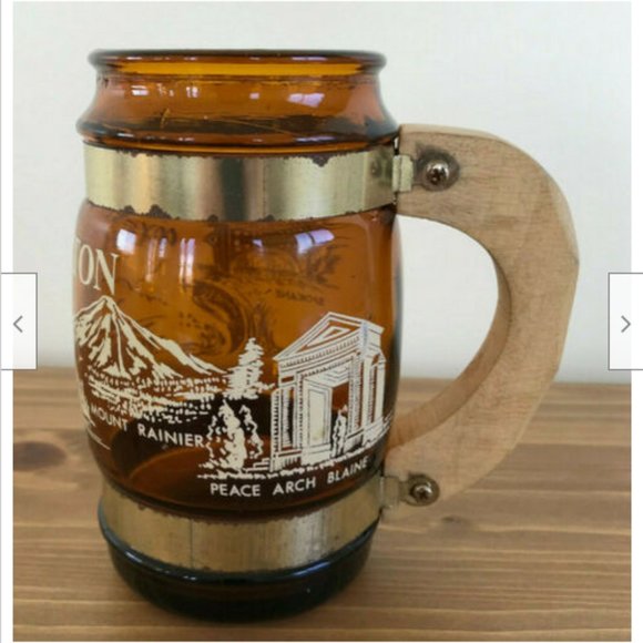 Vtg Beer Stein Amber Glass Mason Mug w/ Rustic Wood Handle Washington Mt Rainier - Picture 1 of 6